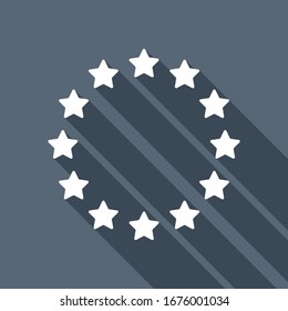 Stars circle, european union. White flat icon with long shadow on blue background