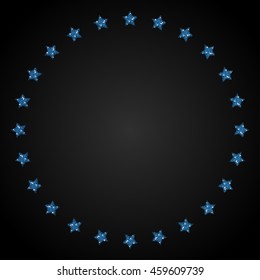 Stars in a circle frame blue sequins, glitters, sparkles, paillettes. Party, holiday, music background or banner with shiny sequins. Blue stars glitter texture bright frame. Repeat.