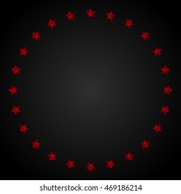 Stars in a circle frame red sequins, glitters, sparkles, paillettes. Party, holiday, music background or banner with shiny sequins. Red stars glitter texture bright frame. Repeat.