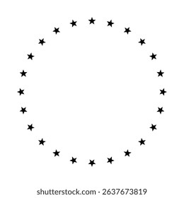 Stars in circle frame. Stars of various sizes arranged in circle. Design element, ornament.