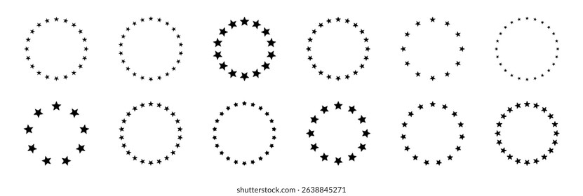 Stars in circle frame. Stars of various sizes arranged in a circle. Round frame, border.