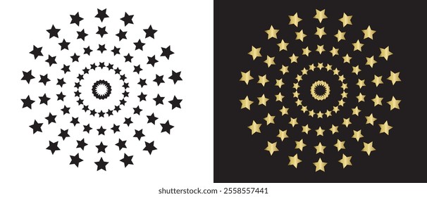 Stars circle icon design. Star round frame. Black and bright golden stars circle set on white and black background. Vector illustration.