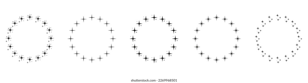 Stars in Circle Shape Silhouette Icon Set. Circular Decor Ornament Icon on White Background. Modern Round Award Frame with Black Stars Pictogram. Isolated Vector Illustration.