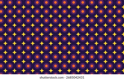 Stars with circles and rounds geometric pattern. Abstract vector retro seamless ornament for textile, fabric, interior, ceramic, wallpaper, paper decoration, background, cover