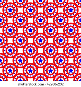 Stars and circles seamless pattern. American patriotic stars and rounds image in bright red, blue and white. Template for prints, textiles, wrapping, wallpaper, website etc. Stock vector illustration