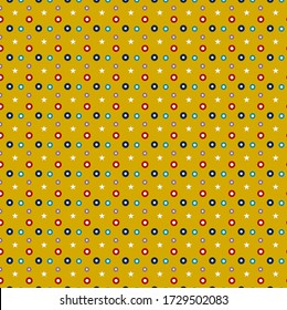 Stars and circles shape seamless pattern on yellow gold color background.