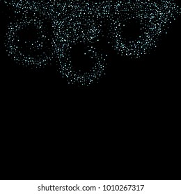 Stars, circles, shiny confetti. Scattered little, sparkling, flashing blue, glitter elements. Random tiny stellar falling on black background. New Year and Christmas background. Vector illustration.