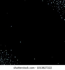Stars, circles, shiny confetti. Scattered little, sparkling, flashing blue, glitter elements. Random tiny stellar falling on black background. New Year and Christmas background. Vector illustration.