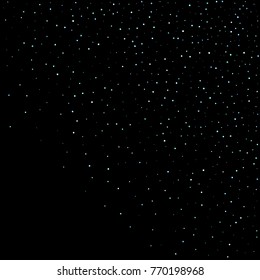 Stars, circles, shiny confetti. Scattered little, sparkling, flashing blue, glitter elements. Random tiny stellar falling on black background. New Year and Christmas background. Vector illustration.