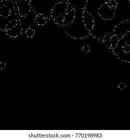 Stars, circles, shiny confetti. Scattered little, sparkling, flashing blue, glitter elements. Random tiny stellar falling on black background. New Year and Christmas background. Vector illustration.
