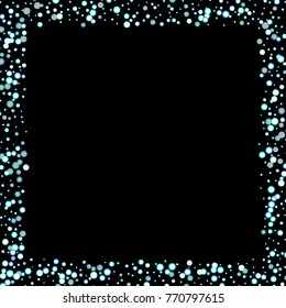 Stars, circles, shiny confetti. Scattered little, sparkling, flashing blue, glitter elements. Random tiny stellar falling on black background. New Year and Christmas background. Vector illustration.