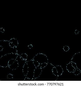 Stars, circles, shiny confetti. Scattered little, sparkling, flashing blue, glitter elements. Random tiny stellar falling on black background. New Year and Christmas background. Vector illustration.