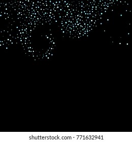 Stars, circles, shiny confetti. Scattered little, sparkling, flashing blue, glitter elements. Random tiny stellar falling on black background. New Year and Christmas background. Vector illustration.