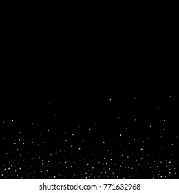 Stars, circles, shiny confetti. Scattered little, sparkling, flashing blue, glitter elements. Random tiny stellar falling on black background. New Year and Christmas background. Vector illustration.