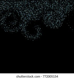 Stars, circles, shiny confetti. Scattered little, sparkling, flashing blue, glitter elements. Random tiny stellar falling on black background. New Year and Christmas background. Vector illustration.