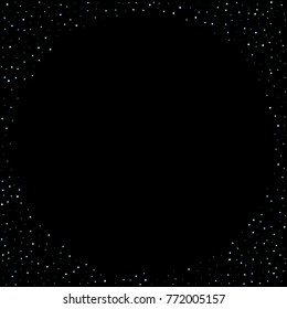 Stars, circles, shiny confetti. Scattered little, sparkling, flashing blue, glitter elements. Random tiny stellar falling on black background. New Year and Christmas background. Vector illustration.