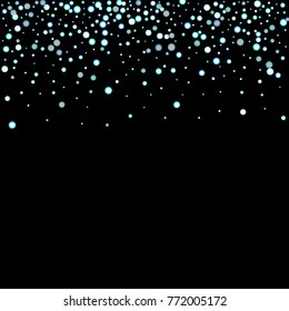 Stars, circles, shiny confetti. Scattered little, sparkling, flashing blue, glitter elements. Random tiny stellar falling on black background. New Year and Christmas background. Vector illustration.