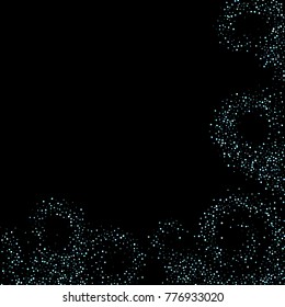 Stars, circles, shiny confetti. Scattered little, sparkling, flashing blue, glitter elements. Random tiny stellar falling on black background. New Year and Christmas background. Vector illustration.