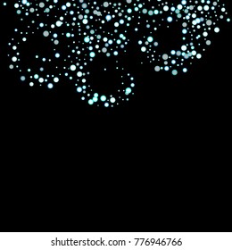 Stars, circles, shiny confetti. Scattered little, sparkling, flashing blue, glitter elements. Random tiny stellar falling on black background. New Year and Christmas background. Vector illustration.