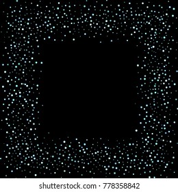 Stars, circles, shiny confetti. Scattered little, sparkling, flashing blue, glitter elements. Random tiny stellar falling on black background. New Year and Christmas background. Vector illustration.