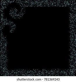 Stars, circles, shiny confetti. Scattered little, sparkling, flashing blue, glitter elements. Random tiny stellar falling on black background. New Year and Christmas background. Vector illustration.
