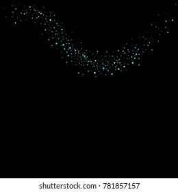 Stars, circles, shiny confetti. Scattered little, sparkling, flashing blue, glitter elements. Random tiny stellar falling on black background. New Year and Christmas background. Vector illustration.