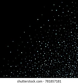 Stars, circles, shiny confetti. Scattered little, sparkling, flashing blue, glitter elements. Random tiny stellar falling on black background. New Year and Christmas background. Vector illustration.