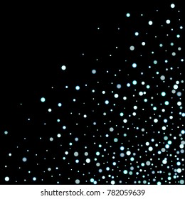Stars, circles, shiny confetti. Scattered little, sparkling, flashing blue, glitter elements. Random tiny stellar falling on black background. New Year and Christmas background. Vector illustration.