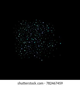 Stars, circles, shiny confetti. Scattered little, sparkling, flashing blue, glitter elements. Random tiny stellar falling on black background. New Year and Christmas background. Vector illustration.
