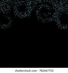 Stars, circles, shiny confetti. Scattered little, sparkling, flashing blue, glitter elements. Random tiny stellar falling on black background. New Year and Christmas background. Vector illustration.