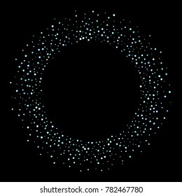 Stars, circles, shiny confetti. Scattered little, sparkling, flashing blue, glitter elements. Random tiny stellar falling on black background. New Year and Christmas background. Vector illustration.