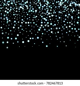 Stars, circles, shiny confetti. Scattered little, sparkling, flashing blue, glitter elements. Random tiny stellar falling on black background. New Year and Christmas background. Vector illustration.