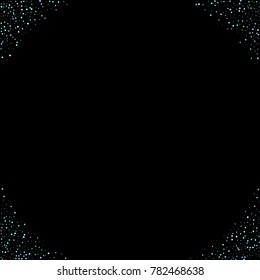 Stars, circles, shiny confetti. Scattered little, sparkling, flashing blue, glitter elements. Random tiny stellar falling on black background. New Year and Christmas background. Vector illustration.