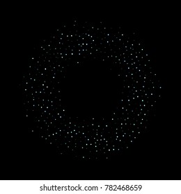 Stars, circles, shiny confetti. Scattered little, sparkling, flashing blue, glitter elements. Random tiny stellar falling on black background. New Year and Christmas background. Vector illustration.