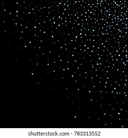Stars, circles, shiny confetti. Scattered little, sparkling, flashing blue, glitter elements. Random tiny stellar falling on black background. New Year and Christmas background. Vector illustration.