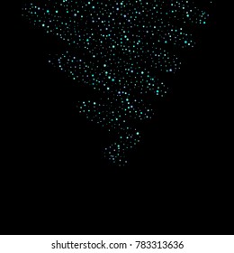 Stars, circles, shiny confetti. Scattered little, sparkling, flashing blue, glitter elements. Random tiny stellar falling on black background. New Year and Christmas background. Vector illustration.