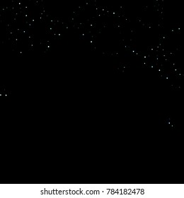 Stars, circles, shiny confetti. Scattered little, sparkling, flashing blue, glitter elements. Random tiny stellar falling on black background. New Year and Christmas background. Vector illustration.
