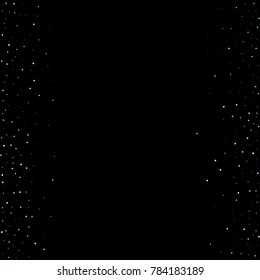 Stars, circles, shiny confetti. Scattered little, sparkling, flashing blue, glitter elements. Random tiny stellar falling on black background. New Year and Christmas background. Vector illustration.