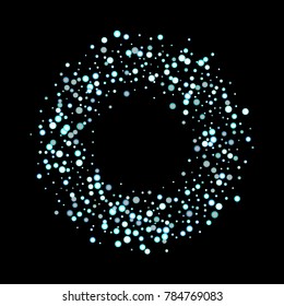 Stars, circles, shiny confetti. Scattered little, sparkling, flashing blue, glitter elements. Random tiny stellar falling on black background. New Year and Christmas background. Vector illustration.