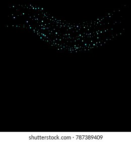 Stars, circles, shiny confetti. Scattered little, sparkling, flashing blue, glitter elements. Random tiny stellar falling on black background. New Year and Christmas background. Vector illustration.