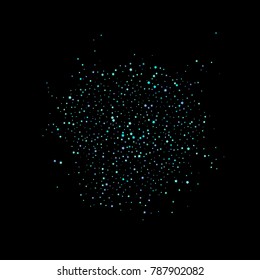 Stars, circles, shiny confetti. Scattered little, sparkling, flashing blue, glitter elements. Random tiny stellar falling on black background. New Year and Christmas background. Vector illustration.