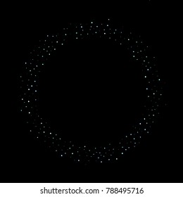Stars, circles, shiny confetti. Scattered little, sparkling, flashing blue, glitter elements. Random tiny stellar falling on black background. New Year and Christmas background. Vector illustration.