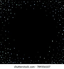 Stars, circles, shiny confetti. Scattered little, sparkling, flashing blue, glitter elements. Random tiny stellar falling on black background. New Year and Christmas background. Vector illustration.
