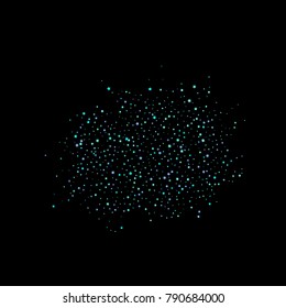 Stars, circles, shiny confetti. Scattered little, sparkling, flashing blue, glitter elements. Random tiny stellar falling on black background. New Year and Christmas background. Vector illustration.