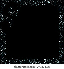Stars, circles, shiny confetti. Scattered little, sparkling, flashing blue, glitter elements. Random tiny stellar falling on black background. New Year and Christmas background. Vector illustration.