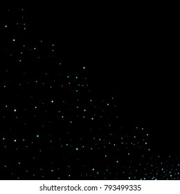 Stars, circles, shiny confetti. Scattered little, sparkling, flashing blue, glitter elements. Random tiny stellar falling on black background. New Year and Christmas background. Vector illustration.