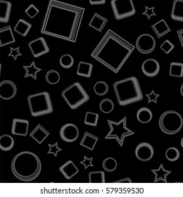 Stars, circles and squares seamless pattern. Dark vector illustration. Geometric forms abstract background.
