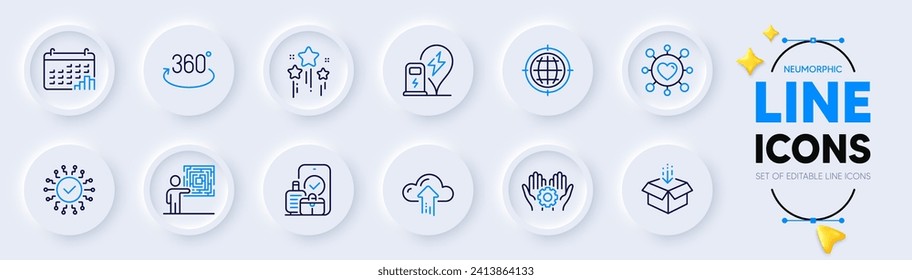 Stars, Cloud upload and Seo internet line icons for web app. Pack of Dating, Security network, Get box pictogram icons. Full rotation, Business skill, Employee hand signs. Neumorphic buttons. Vector