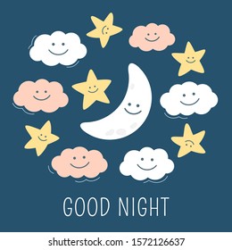Stars, clouds and crescent moon formed in oval shape children illustration. The text good night at the bottom. Soothing baby drawing.