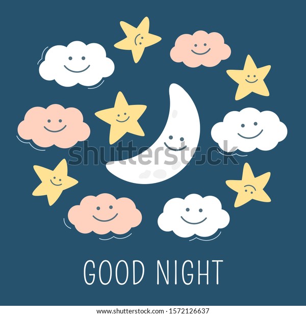 星や雲、三日月が卵形の子どものイラストを描いています。テキストは下でおやすみなさい。落ち着く赤ちゃんの絵。」のベクター画像素材（ロイヤリティフリー）  1572126637